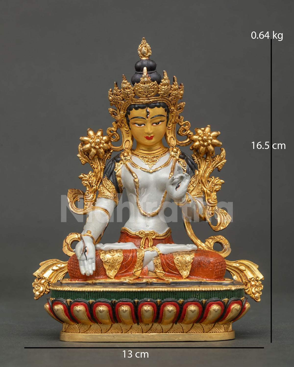White Tara statue seven eyes five jeweled crown lotus pedestal.