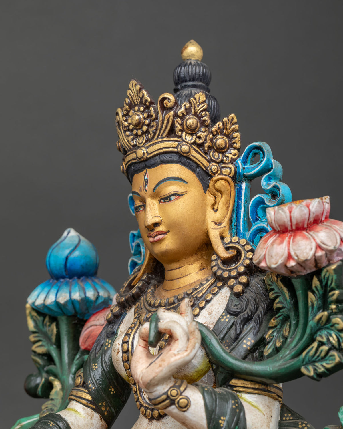 White Tara Statue Side Close Up, Handcarved Wooden Details Nepal