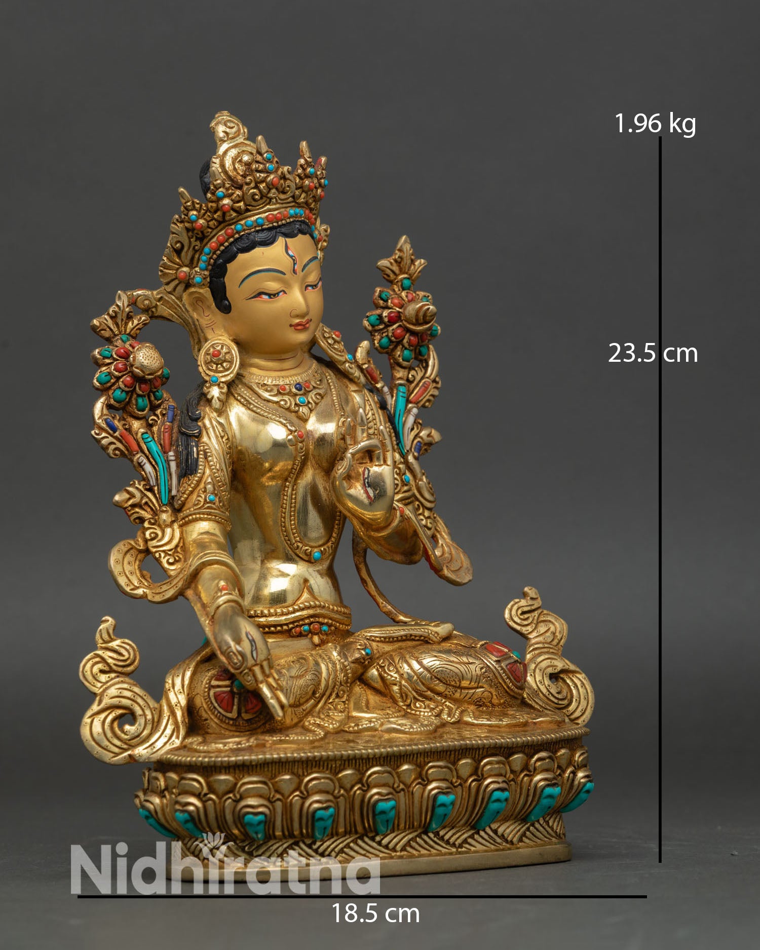 White Tara statue side view Nepalese artisan Patan craftsmanship copper body 24K gold detailing spiritual meditation sculpture