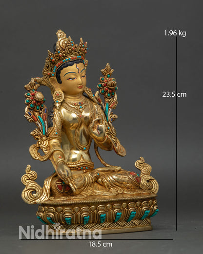 White Tara statue side view Nepalese artisan Patan craftsmanship copper body 24K gold detailing spiritual meditation sculpture