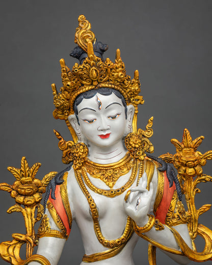 White Tara Statue made from solid copper with hand painted acrylic details and gold accents