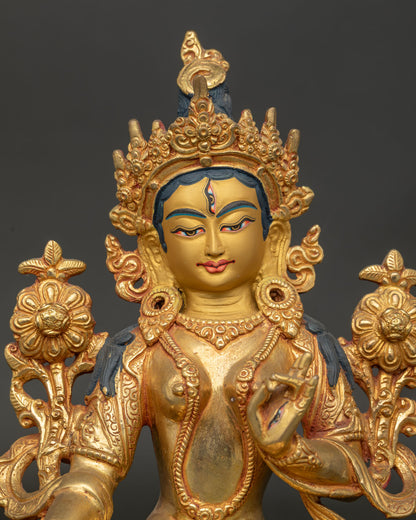White Tara Statue with 24K gold fire gilding and gold-painted face