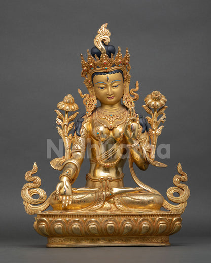 white tara statue with 24k gold gilding, handcrafted buddhist home decor from nepal