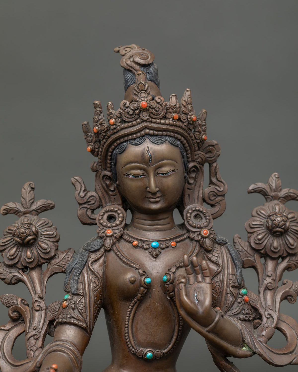 White Tara statue with semi precious stone five jewel crown.