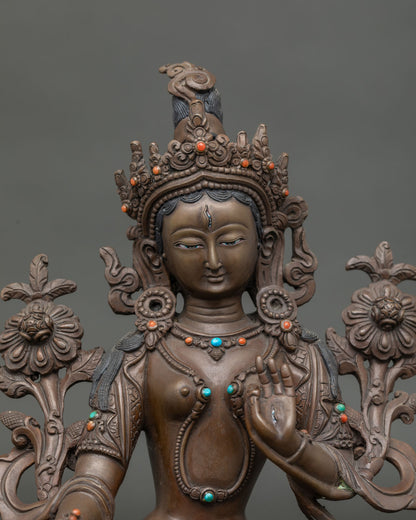 White Tara statue with semi precious stone five jewel crown.