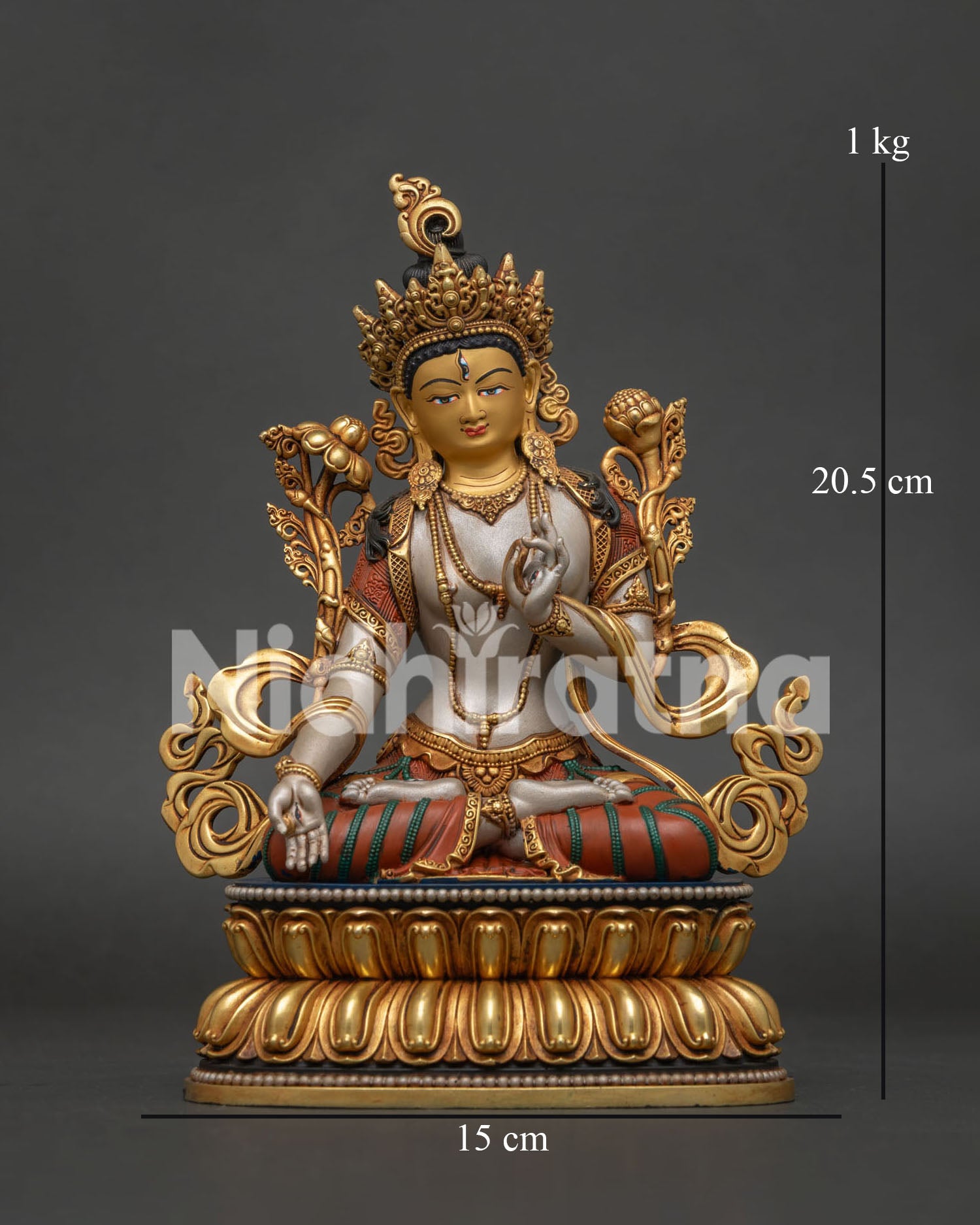 White Tara Statue with Seven Eyes handcrafted in Nepal with 24K gold gilding and copper casting shown from the front