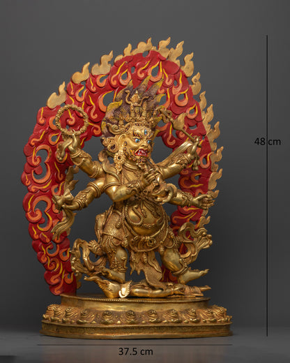 White Six Armed Mahakala Statue featuring a fierce three eyed face and bared fangs.