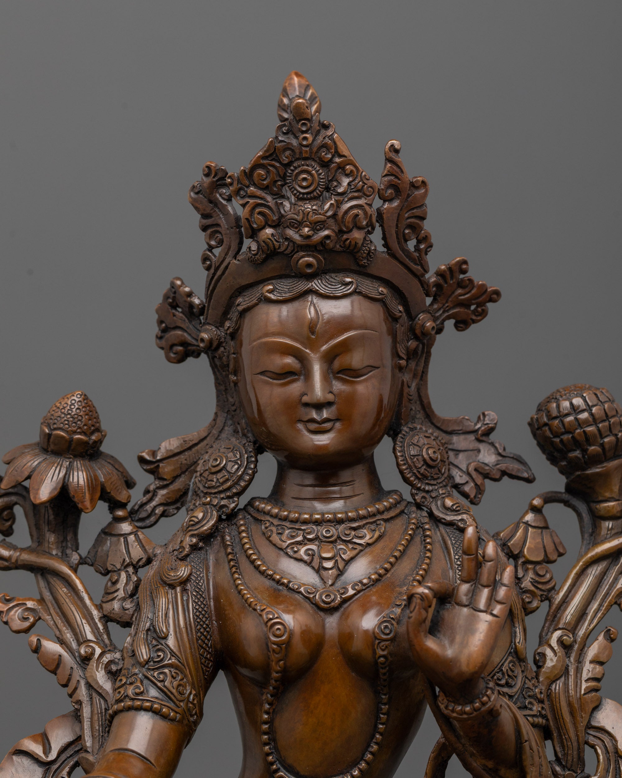 white tara oxidized copper statue front view with lotus base and detailed five-jeweled crown