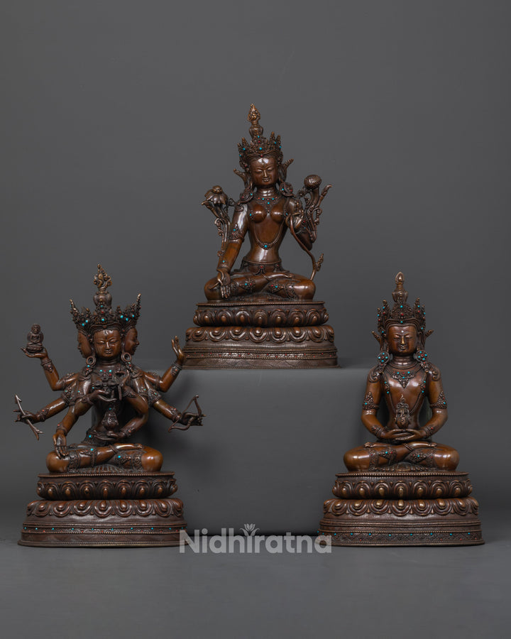 all statue of white tara set with namgyalma, white tara and amitayus in order from left to right