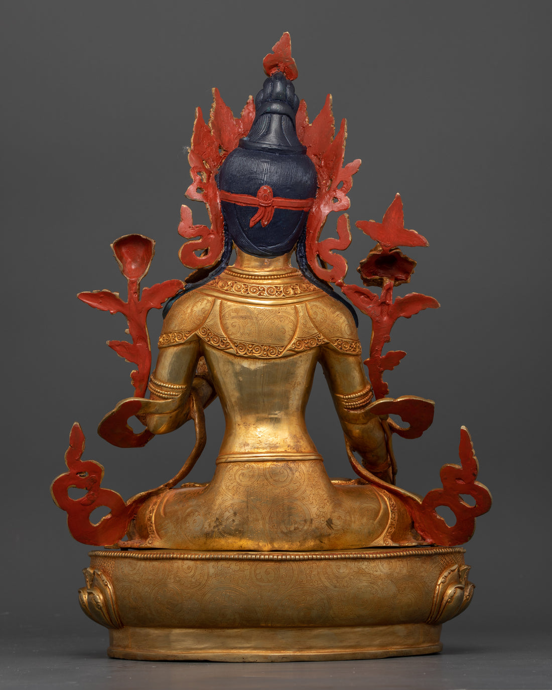 gold plated white tara statue with acrylic colors painted for hair and robe