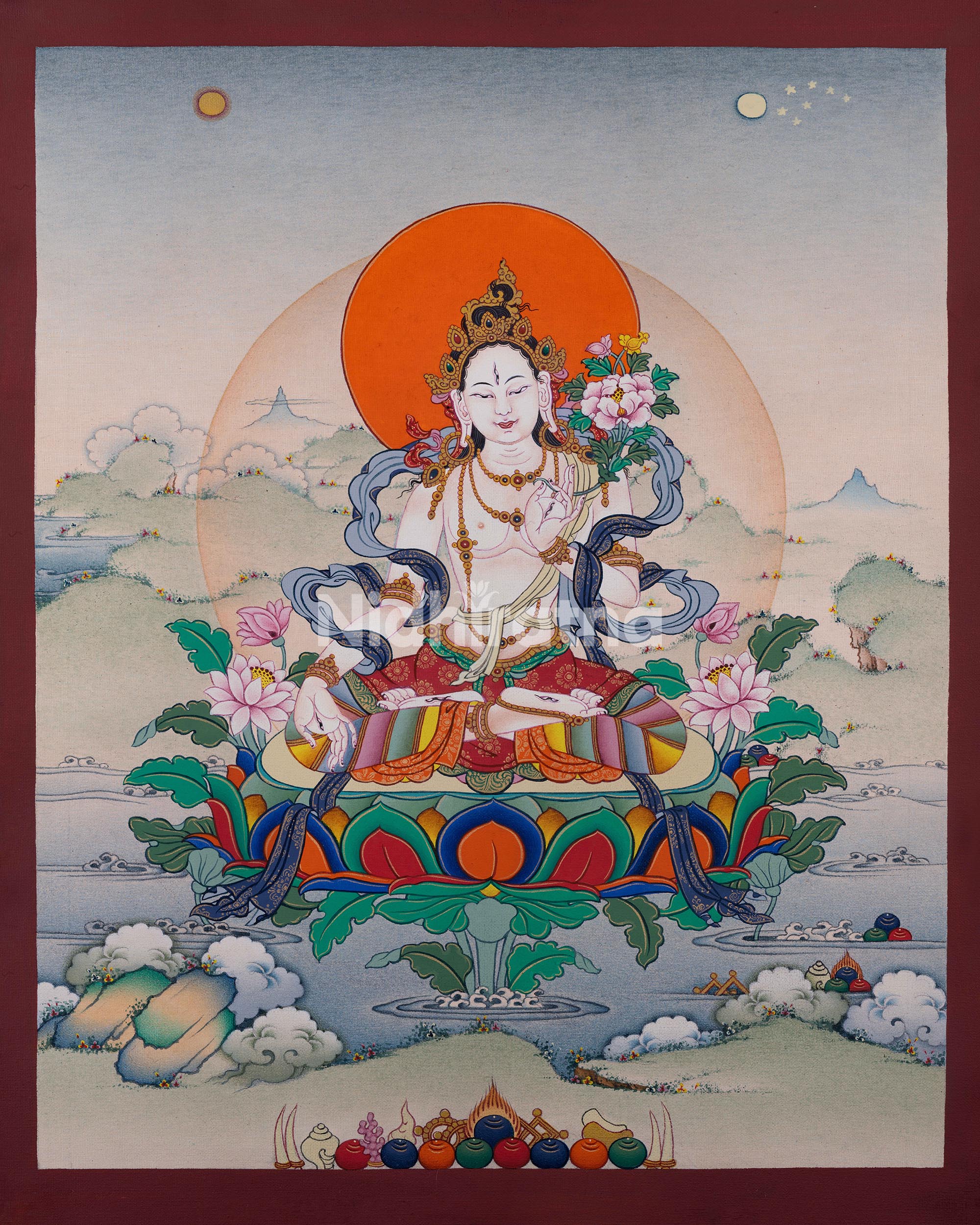 white tara thangka print front view on lotus seat with five jeweled crown and greenery