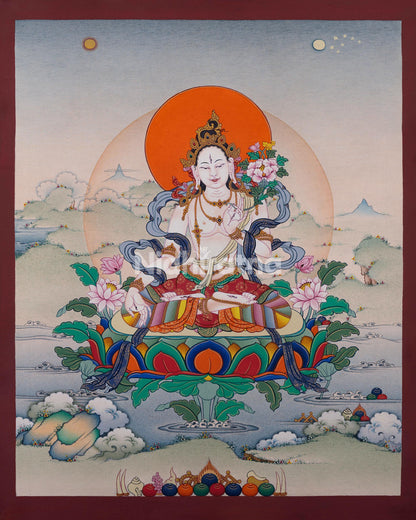 white tara thangka print front view on lotus seat with five jeweled crown and greenery