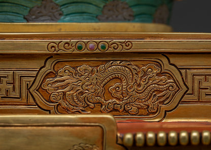 Wide dragon relief panel hand-chased on Dzambhala Statue throne tier