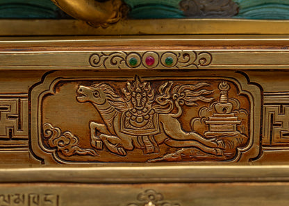 Wind horse Lungta relief carved into Dzambhala Statue's throne tier