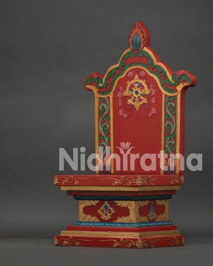 Wooden altar throne with vibrant hand-painted Himalayan details