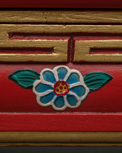 Wooden Buddhist incense burner with intricate Newari floral artwork