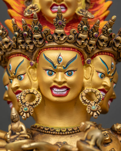 Wrathful Hevajra face with third eye, skull crown and gemstone earrings, Nepalese Buddhist statue
