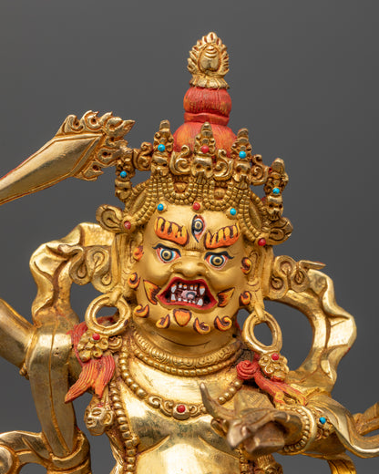 Wrathful manjushri statue semi precious stone inlay lotus base.