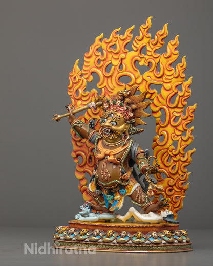 wrathful Tibetan Hayagriva Statue with halo flame, gold fire-gilded body, sun disc, and lotus base