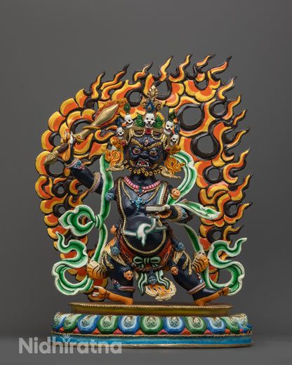 wrathful manjushri statue front view gold plated copper with black body and fire halo

