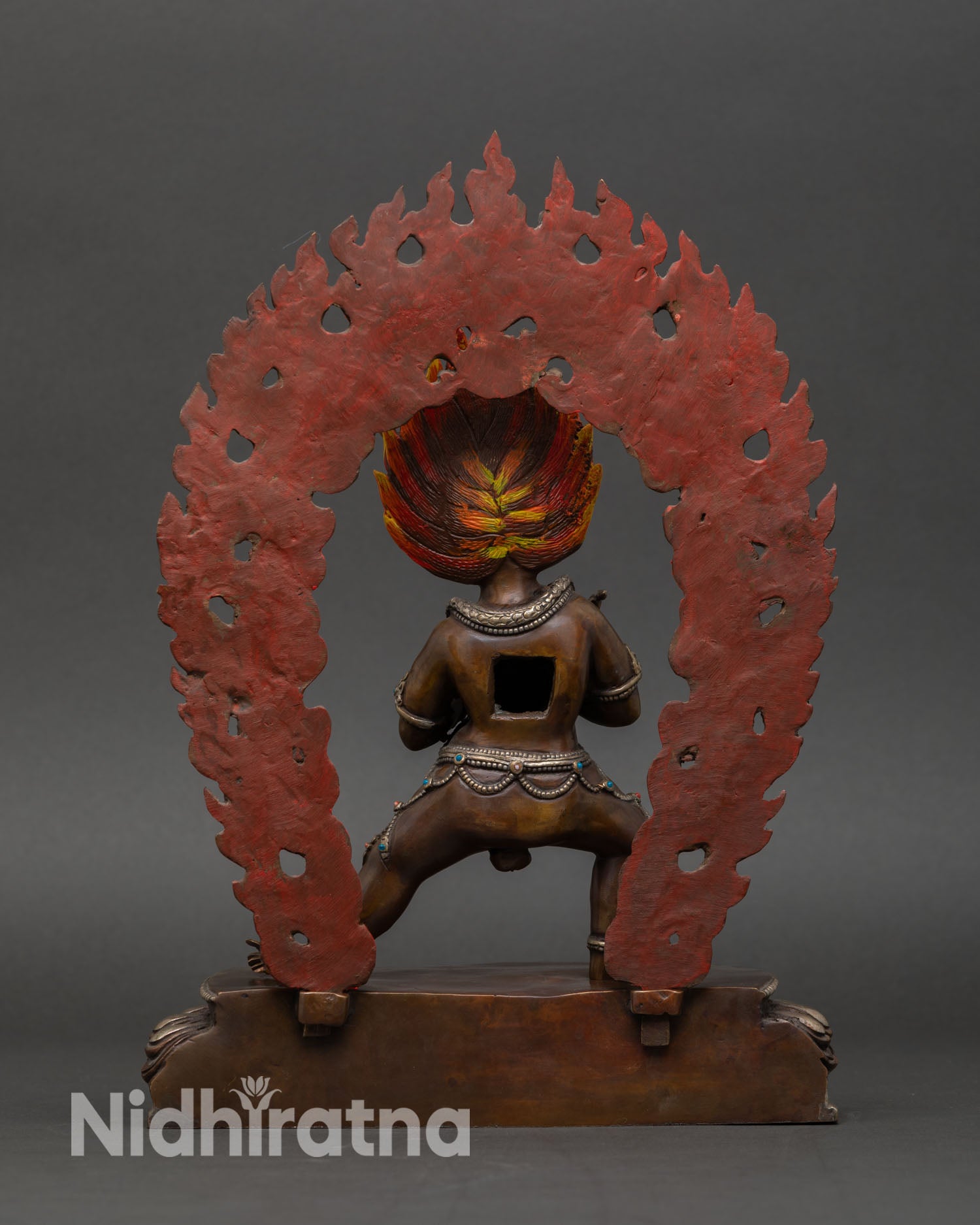 Yamantaka statue back view intricate carving oxidized copper silver accents sacred Buddhist altar decor spiritual transformation statue Nepal