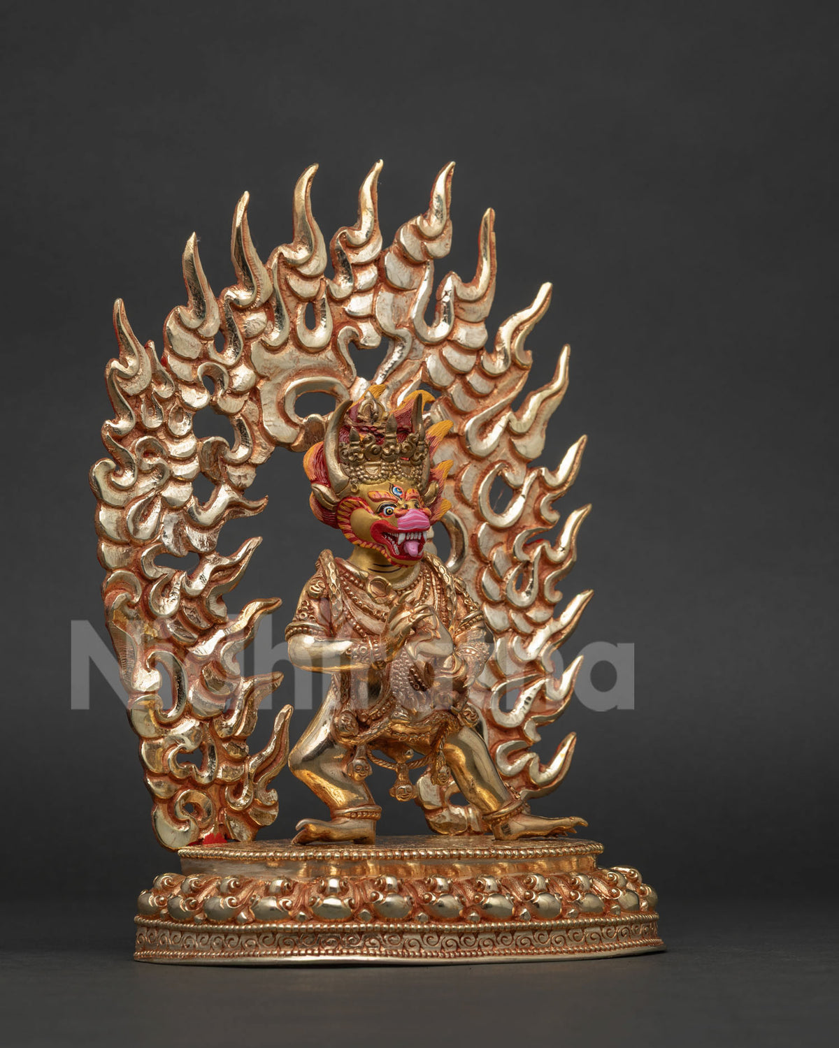 Yamantaka statue detailed lotus pedestal intricately carved flaming halo.