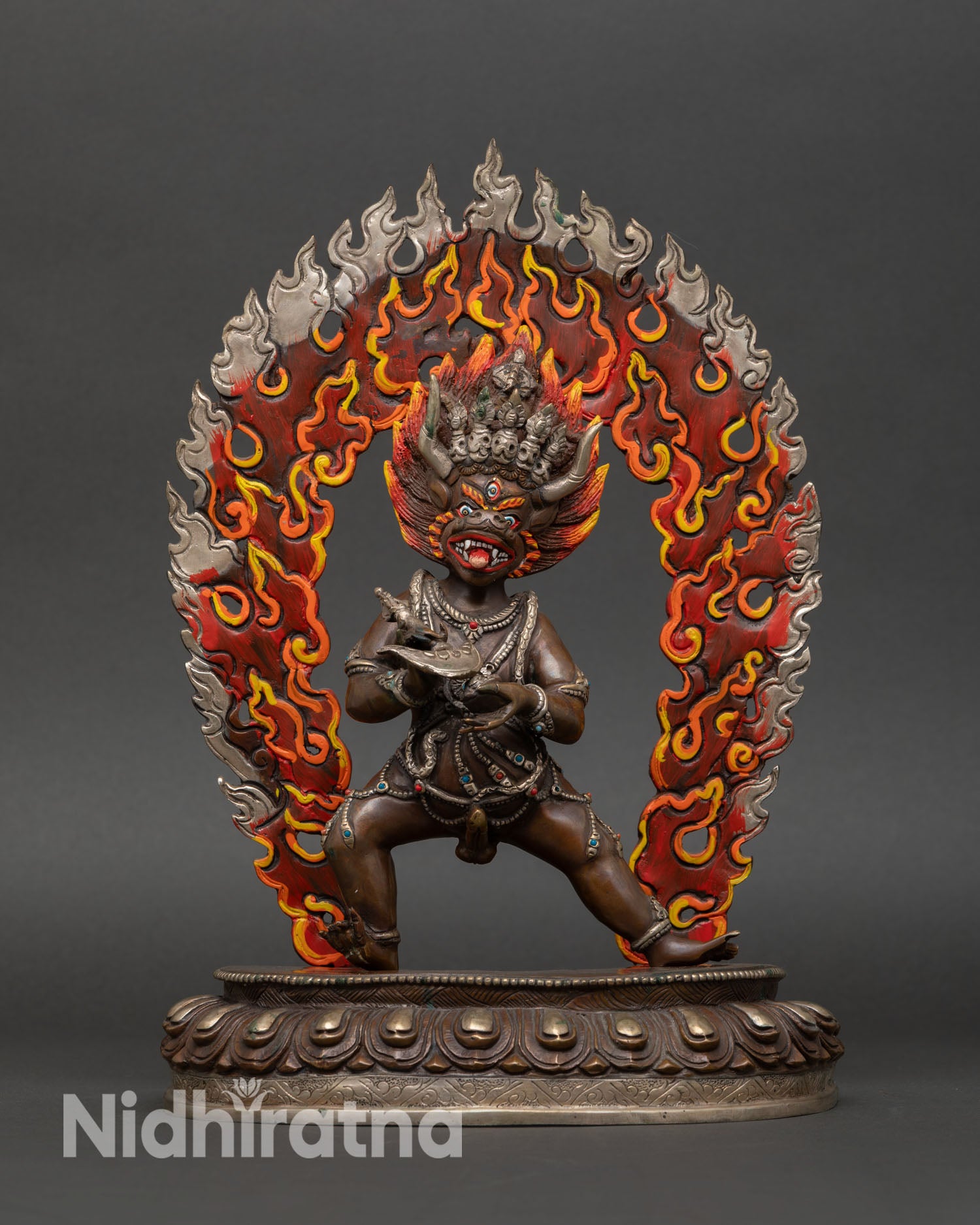 Yamantaka statue front view wrathful deity Conqueror of Death copper oxidized silver plated Nepal lost wax casting lotus pedestal altar sculpture