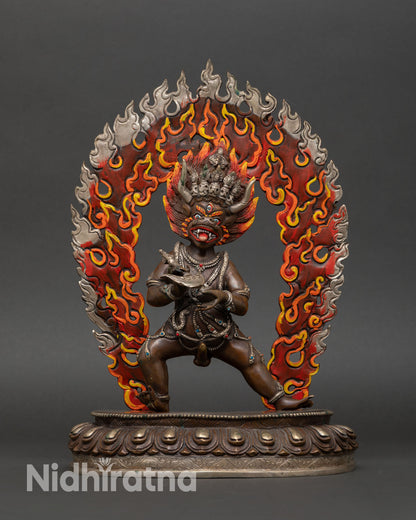 Yamantaka statue front view wrathful deity Conqueror of Death copper oxidized silver plated Nepal lost wax casting lotus pedestal altar sculpture