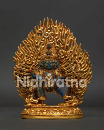 Yamantaka statue hand carved from lapis lazuli with 24K gold gilded copper details