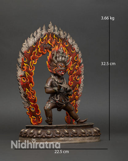 Yamantaka statue side view dynamic posture lotus base carved flames Himalayan wrathful protector deity handmade Nepal sculpture