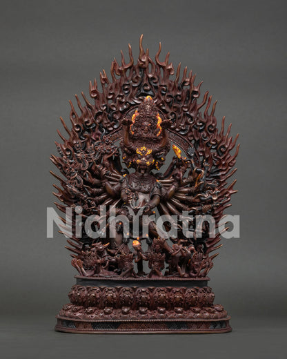 Yamantaka Statue, standing on double lotus pedestal with sacred ritual objects