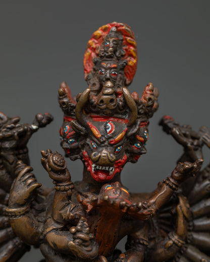 Yamantaka statue with nine faces and central buffalo face in Nepal.