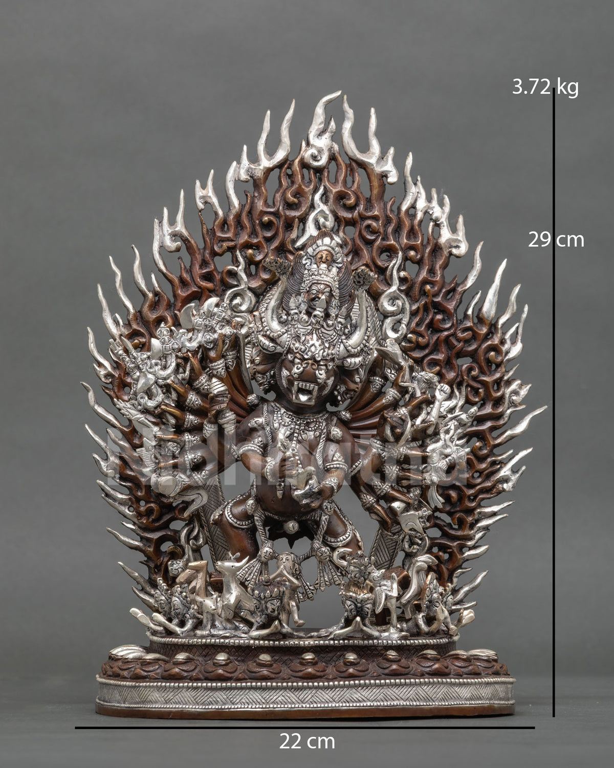Yamantaka statue with nine faces and sixteen arms handcrafted by Newari artisans in Patan, Nepal