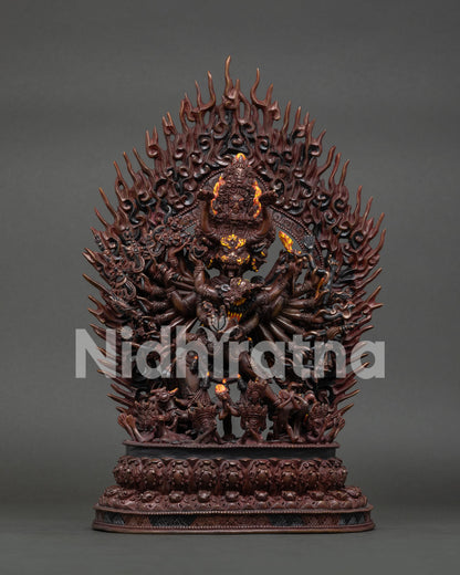 Yamantaka Statue with oxidized copper finish and blazing halo from Nepal