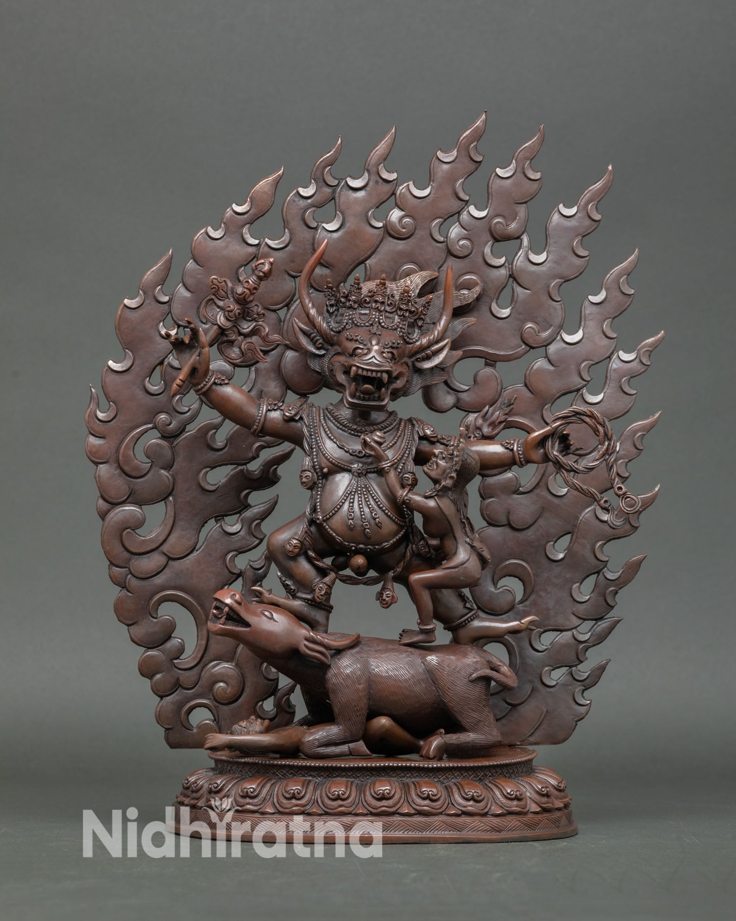 Yamantaka with consort statue front view oxidized copper sculpture handmade in Nepal by Newari artisans showing fierce Vajrayana deity form.