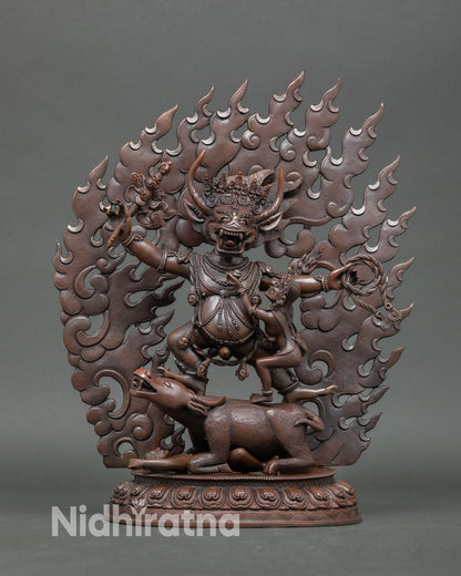Yamantaka with consort statue front view oxidized copper sculpture handmade in Nepal by Newari artisans showing fierce Vajrayana deity form.