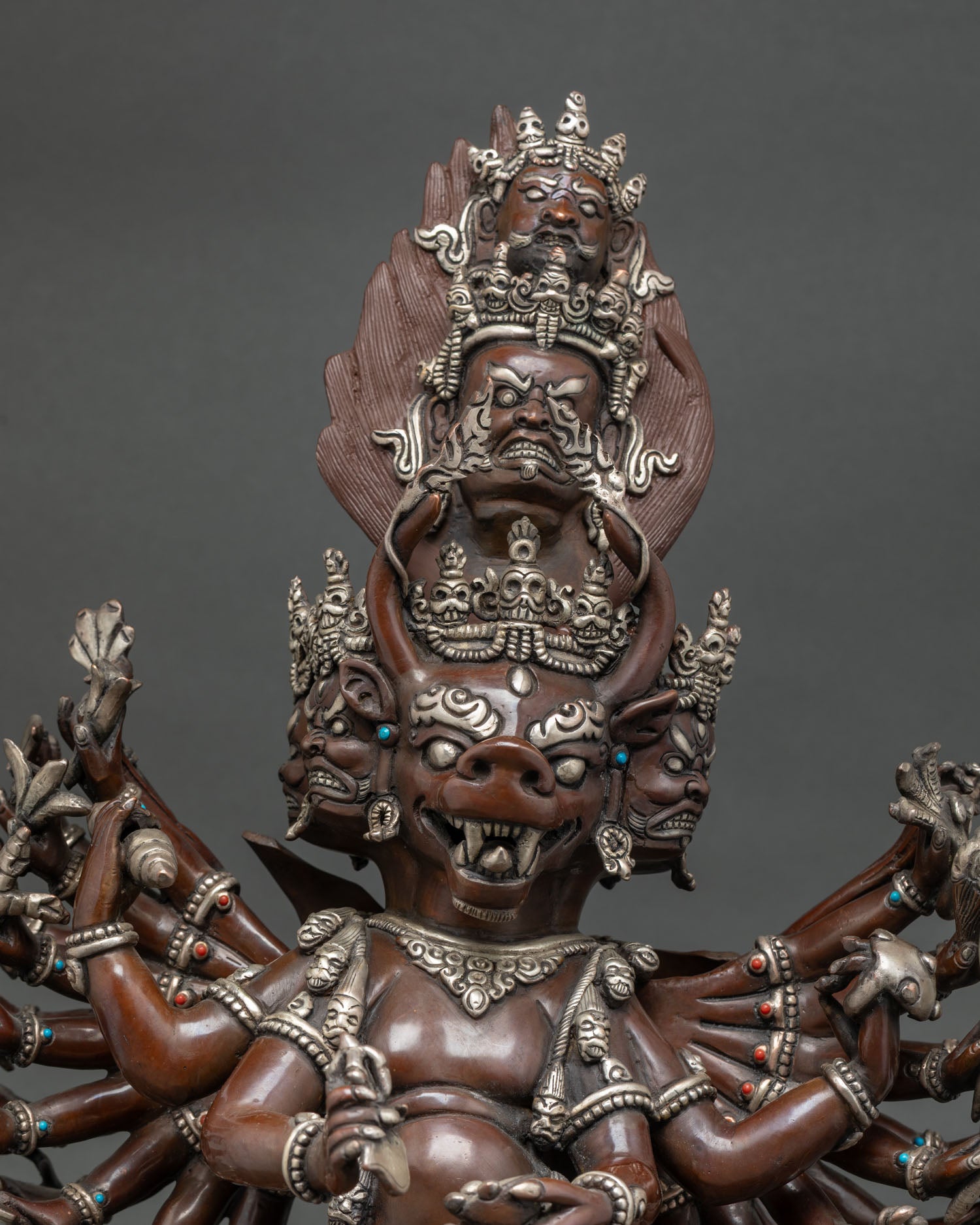 Yamantaka Yab-Yum statue detailed close up of fierce buffalo face