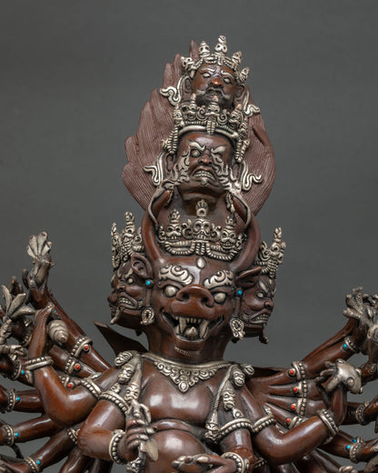 Yamantaka Yab-Yum statue detailed close up of fierce buffalo face