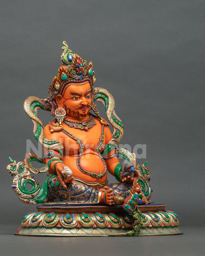 Yellow Dzambhala Buddhist wealth deity seated on a multicolored lotus pedestal and moon disc with vibrant acrylic colors.