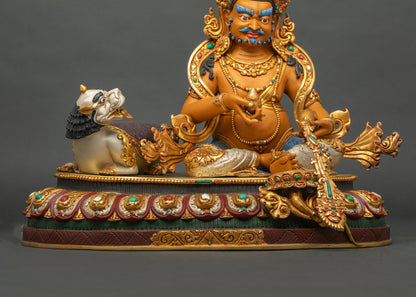 Yellow Dzambhala full statue front view lotus throne mongoose citron Buddhist sculpture