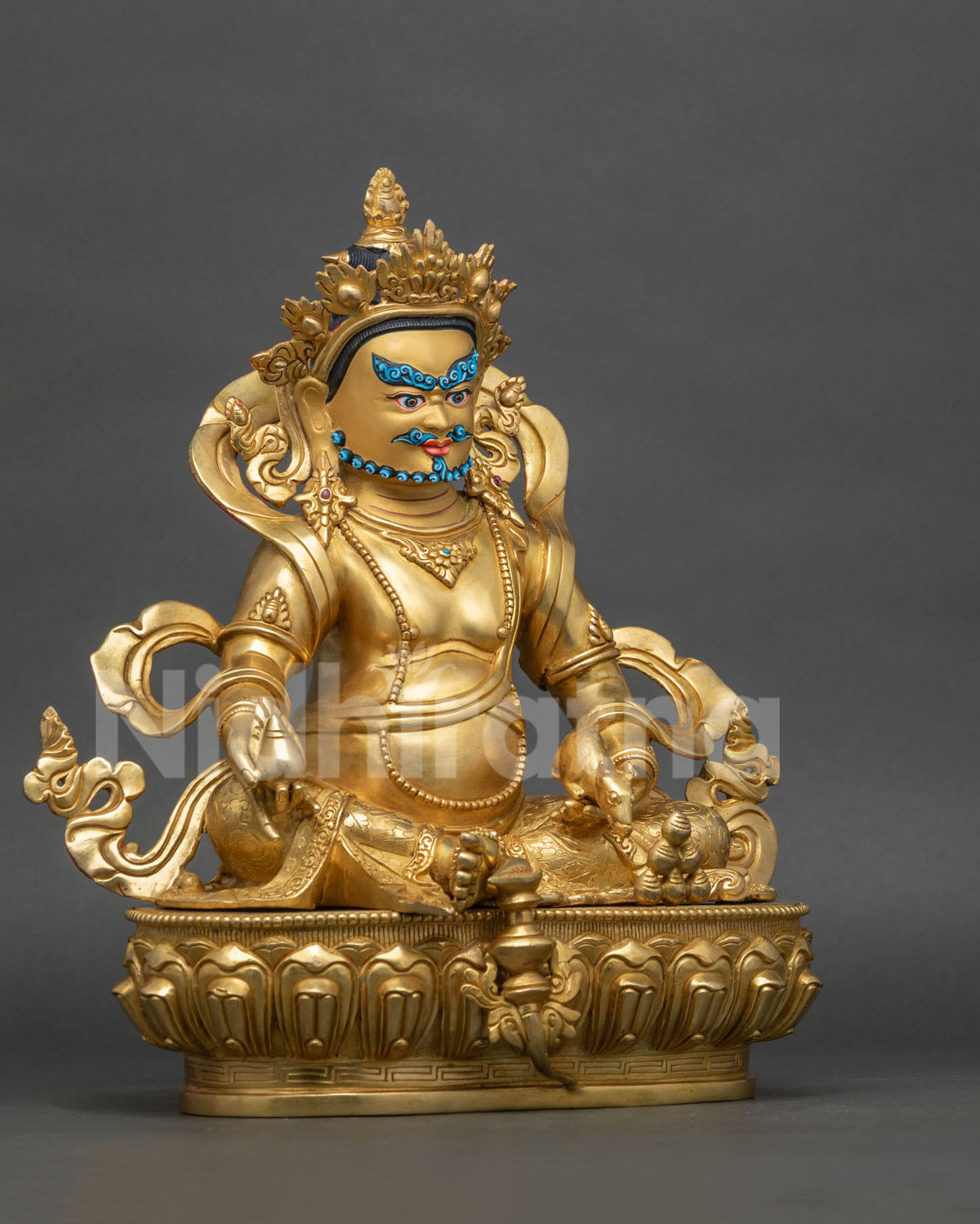 yellow dzambhala statue 24k gold fire gilded copper right side view