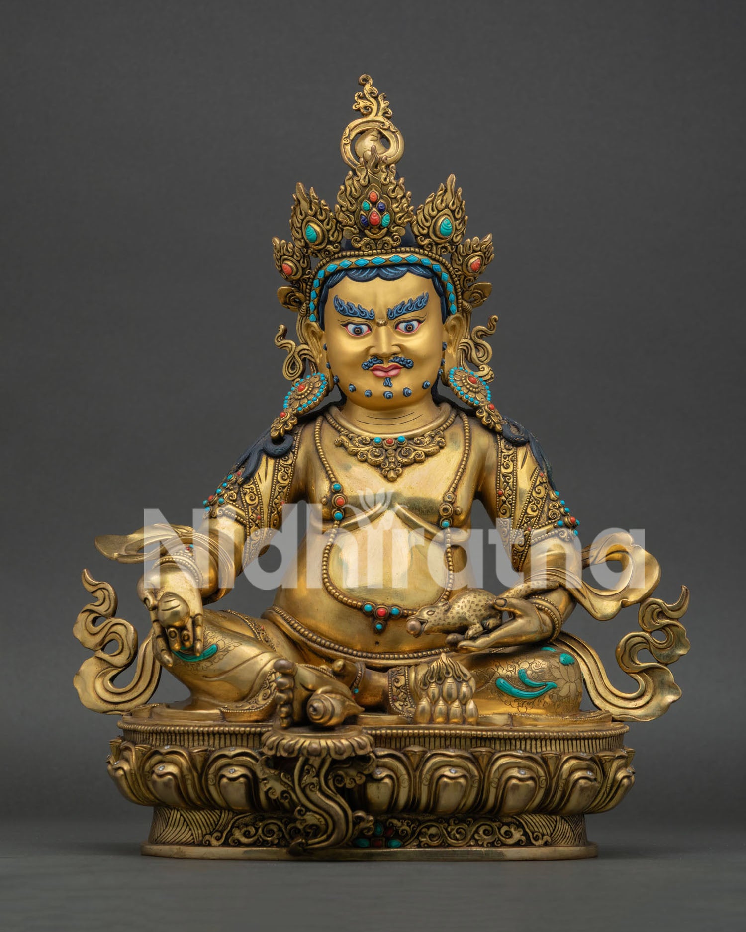 Yellow Dzambhala Statue, handcrafted in copper with 24K gold fire gilding and gemstone inlays from Nepal