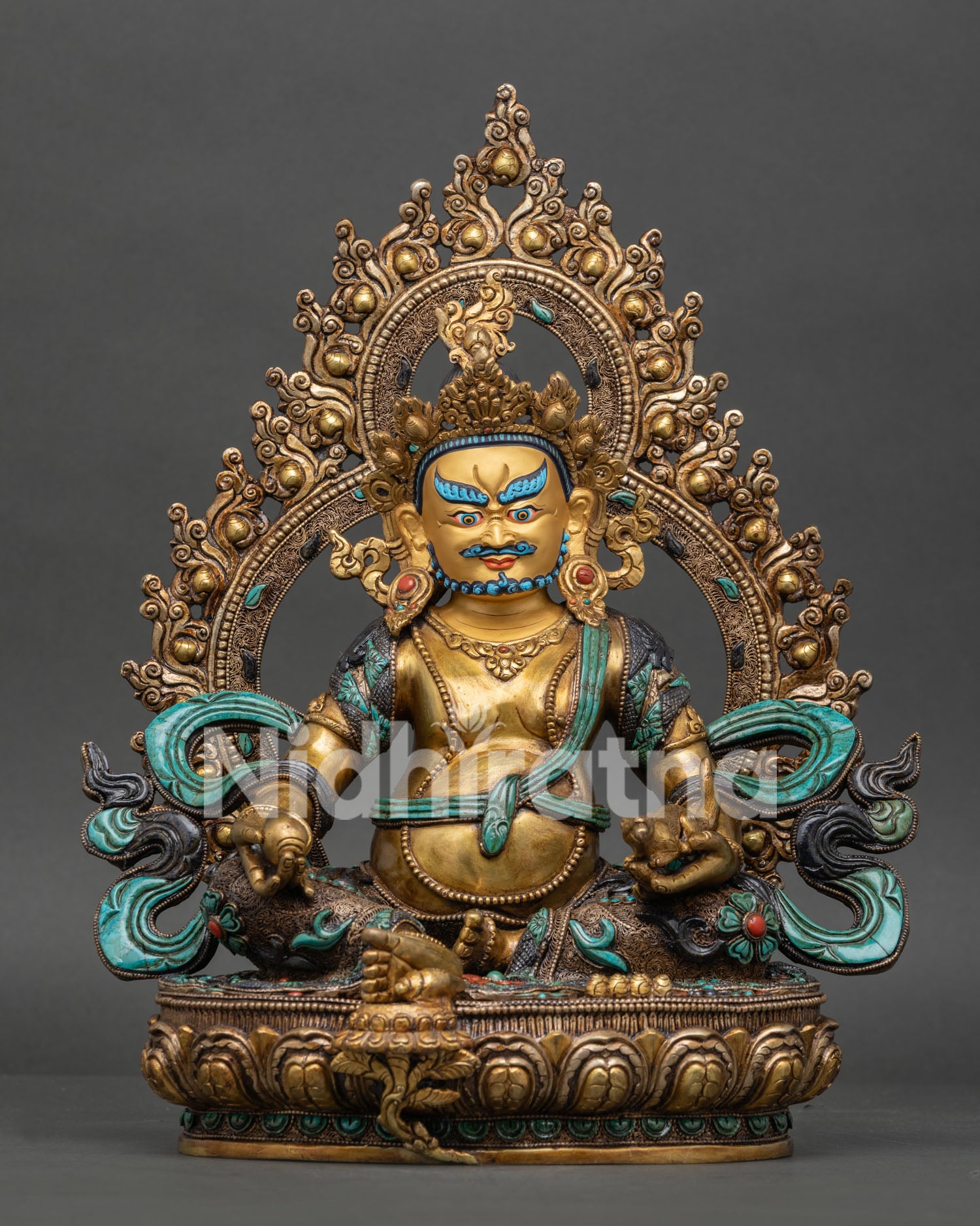 Yellow Dzambhala Statue handmade in Nepal front view with 24K gold gilding