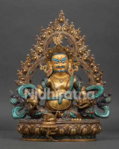 Yellow Dzambhala Statue handmade in Nepal front view with 24K gold gilding