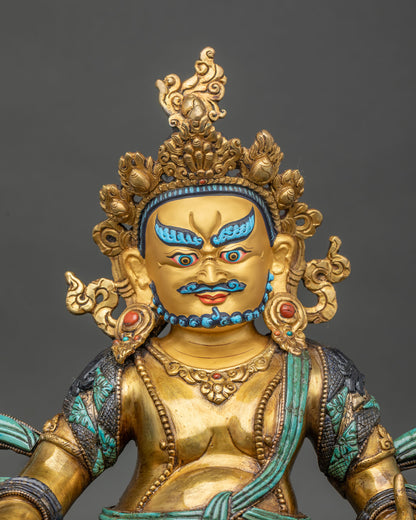 Yellow Dzambhala Statue regular close up showing copper craftsmanship and turquoise details