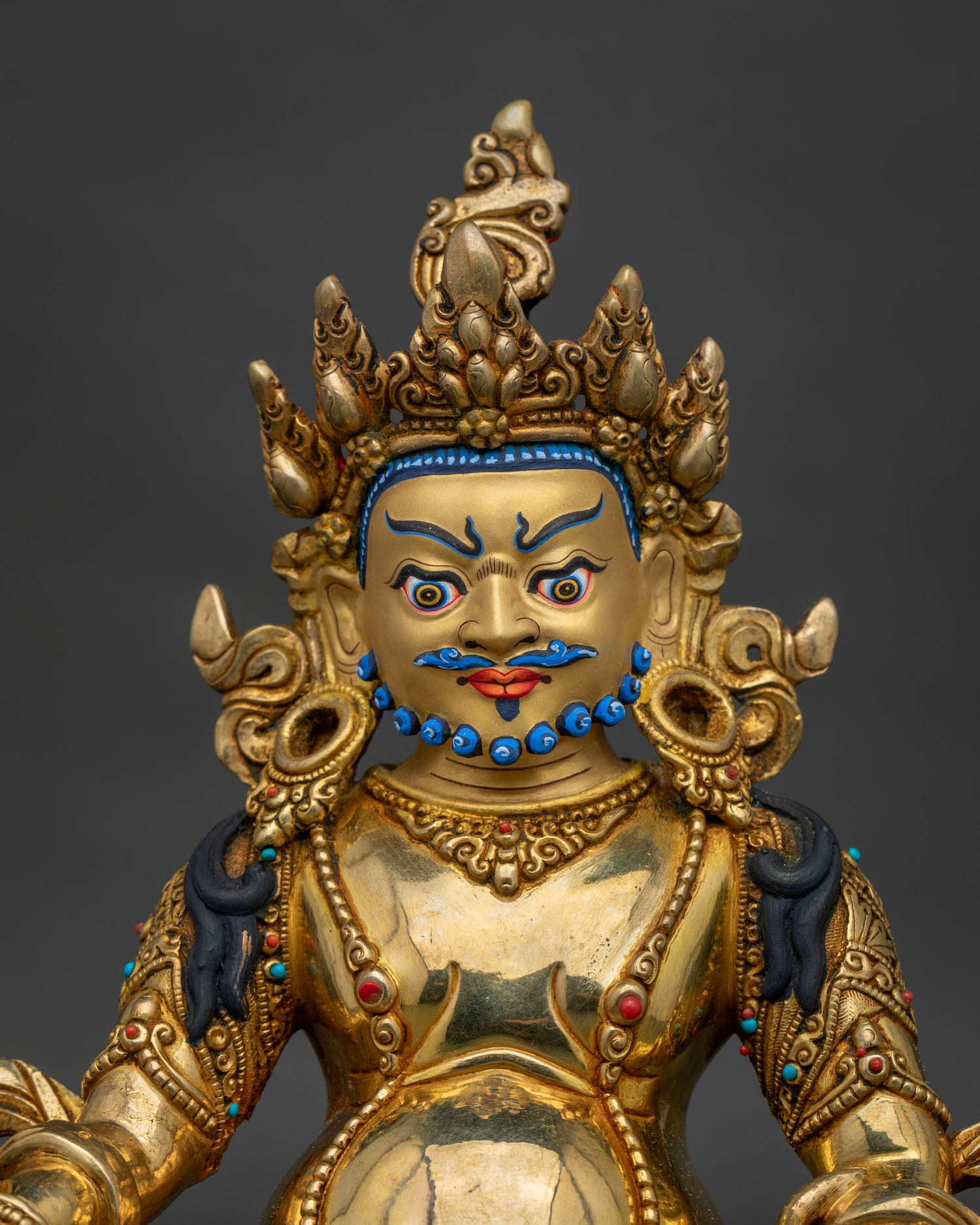 Yellow Dzambhala Statue right view side showcasing gold gilded Buddhist craftsmanship