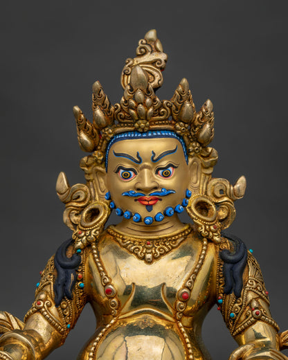 Yellow Dzambhala Statue right view side showcasing gold gilded Buddhist craftsmanship