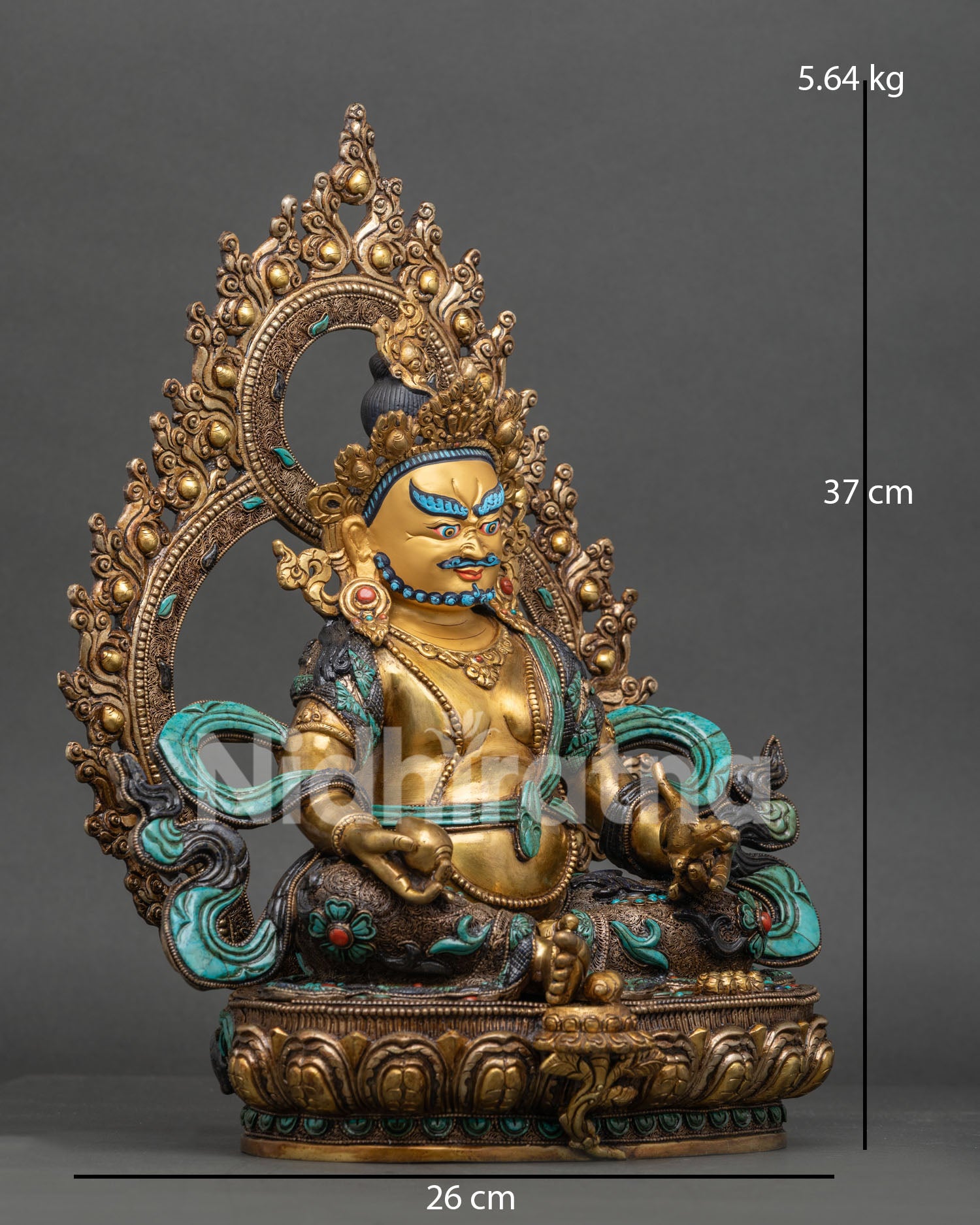 Yellow Dzambhala Statue right view side showing mongoose and citron fruit symbolism