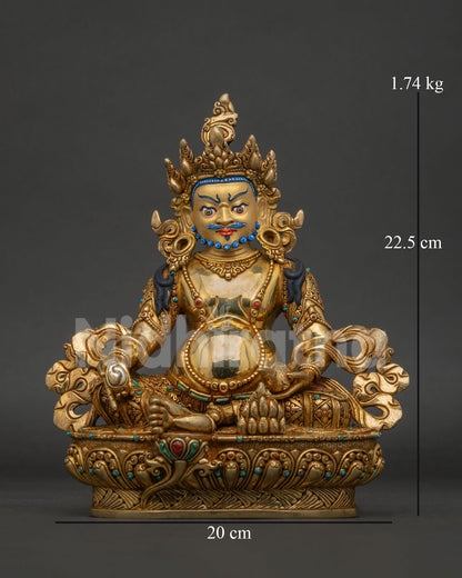 Yellow Dzambhala Statue with Mongoose front view handcrafted in Nepal