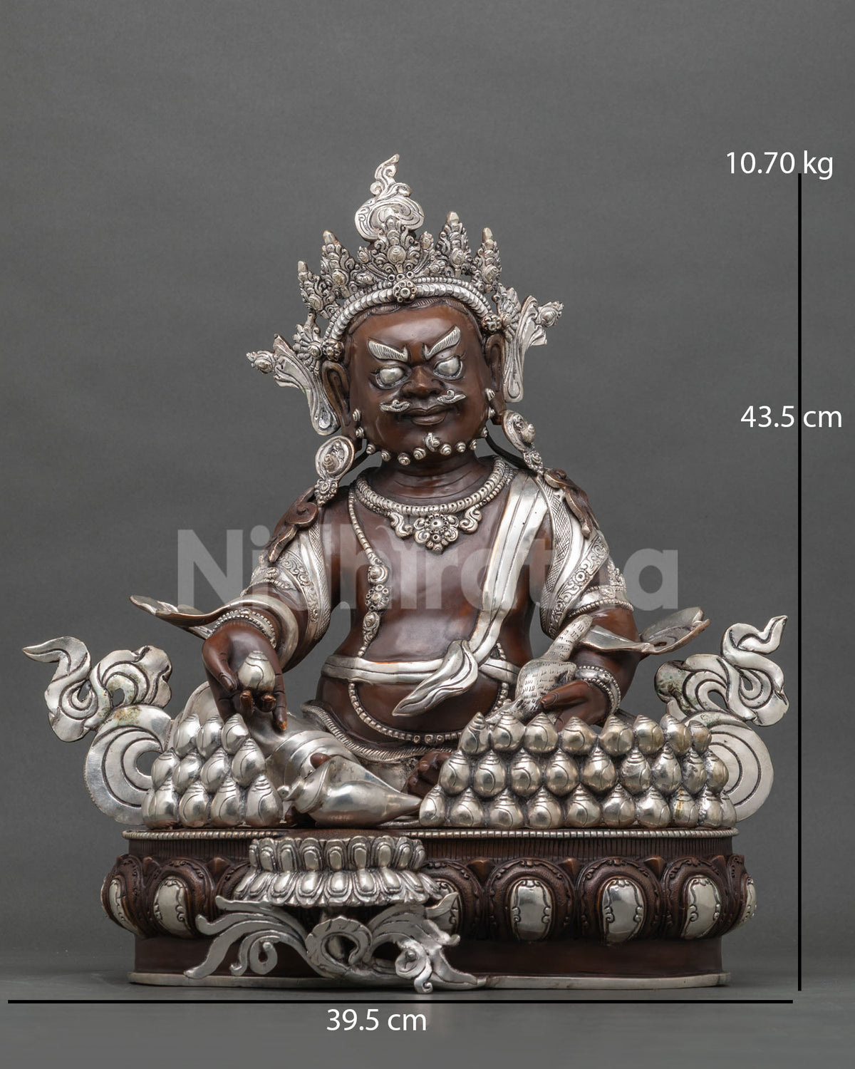 Yellow Jambhala statue front view, oxidized copper Dzambhala with silver plating